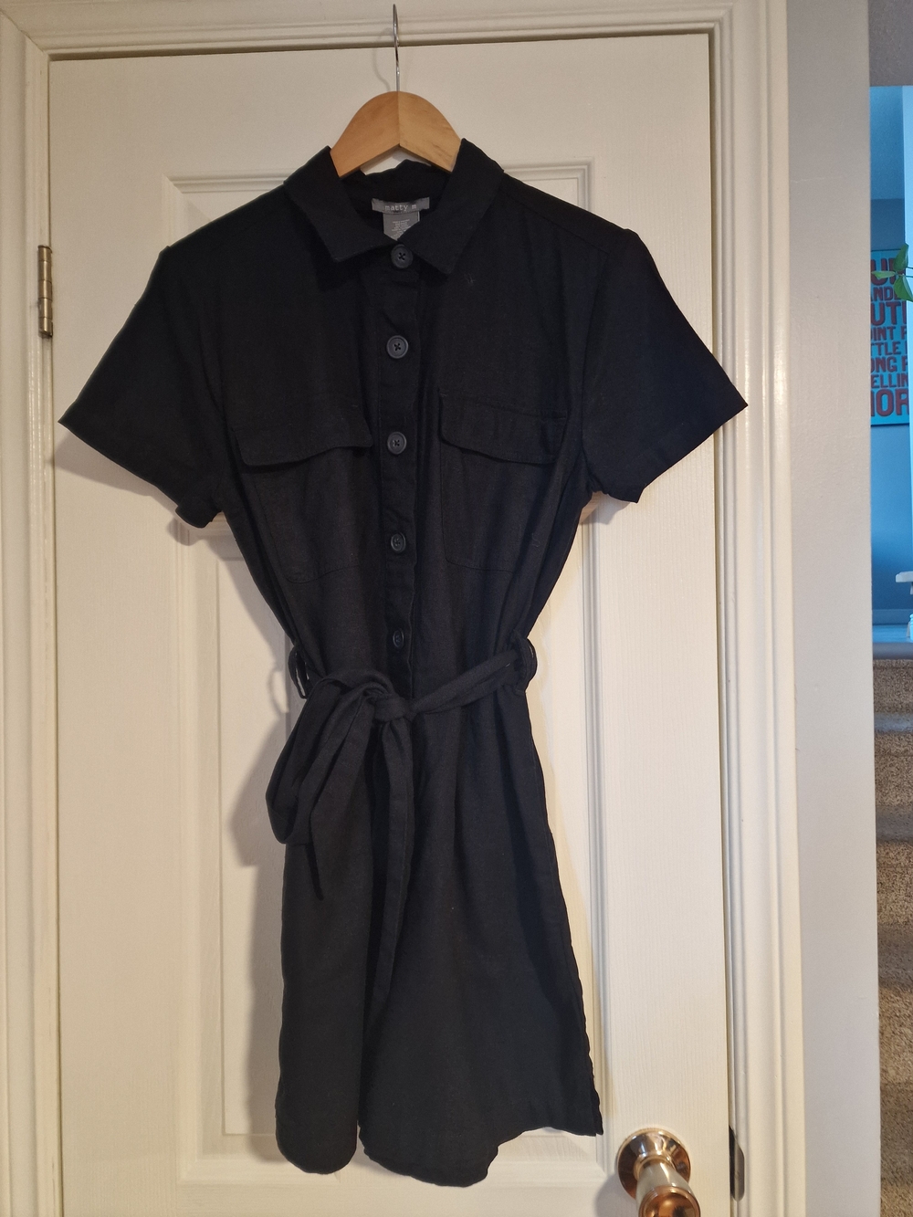 Matty M Black Short-Sleeve Button-Front Short Romper with Tie Waist, Size Medium